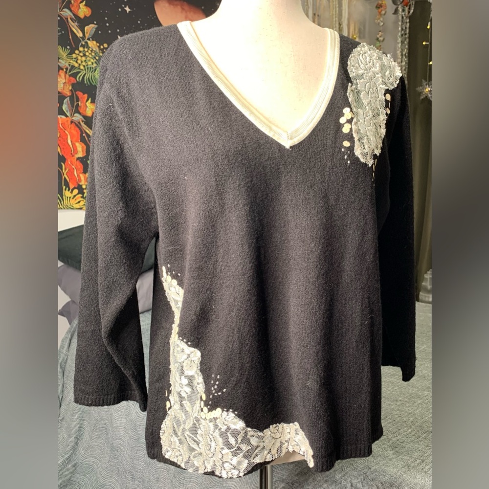 3/$30 A|LINE l Long Sleeve V Neck Pullover Sweater Sequins Lace Appliqués NWT XL